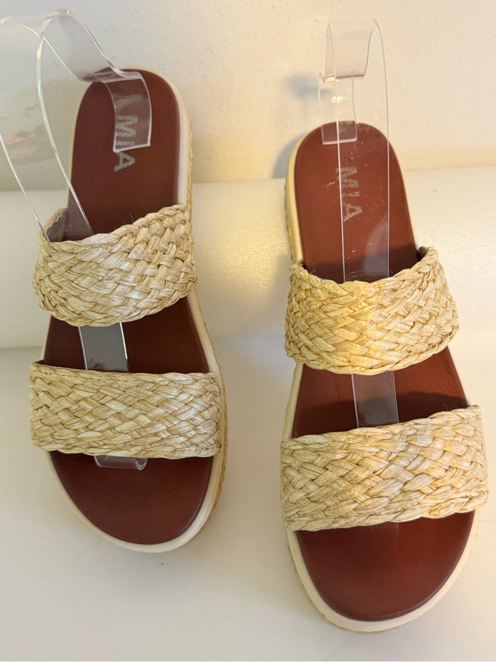 MIA Braided Raffia Tan Double-Strap Platform Slide Sandals Women’s 8.5
